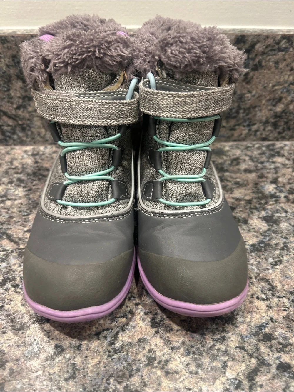 See Kai Run Gray Kids Winter Boots with Purple Soles and Mint Accents